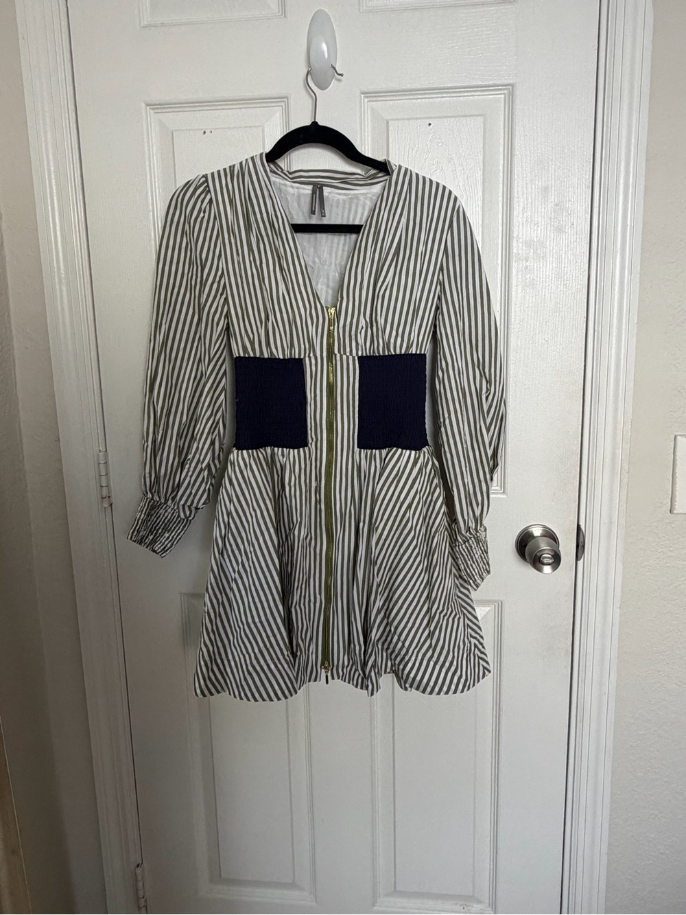 Anthropologie Striped V-Neck Mini Dress - Navy/Olive